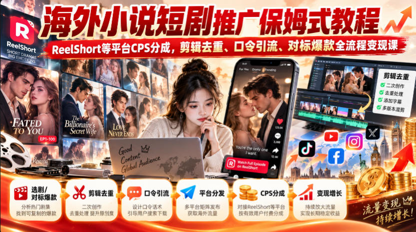 海外小说短剧推广保姆式教程|ReelShort等平台CPS分成,剪辑去重、口令引流、对标爆款全流程变现课-九九网创