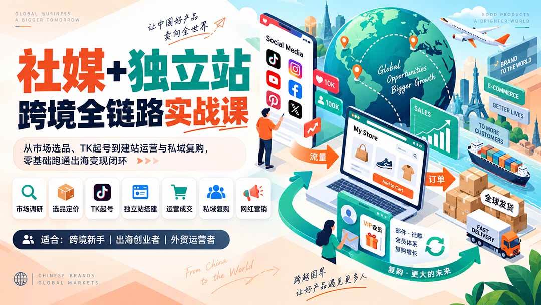 （20361期）社媒+独立站跨境全链路实战课：从市场选品、TK起号到建站运营与私域复购，零基础跑通出海变现闭环-九九网创
