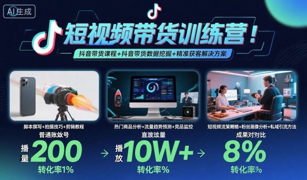 短视频带货训练营，抖音带货课程+抖音带货数据挖掘+精准获客解决方案-九九网创