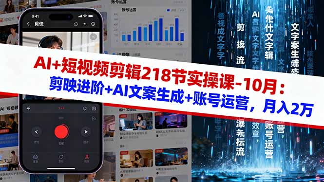 AI+短视频剪辑218节实操课-10月：剪映进阶+AI文案生成+账号运营，月入2万-九九网创