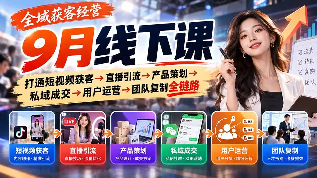 全域获客经营9月线下课:打通短视频获客→直播引流→产品策划→私域成交→用户运营→团队复制全链路-九九网创