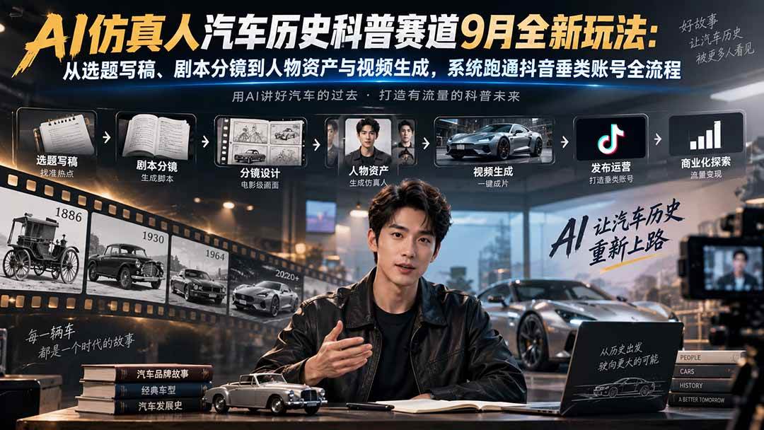 （20413期）AI仿真人汽车历史科普赛道9月全新玩法：从选题写稿、剧本分镜到人物资产与视频生成，系统跑通抖音垂类账号全流程-九九网创