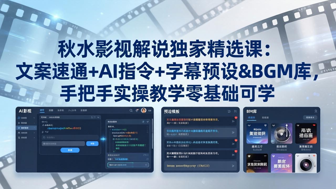 秋水影视解说独家精选课：文案速通+AI指令+字幕预设+BGM库，手把手实操教学零基础可学-九九网创