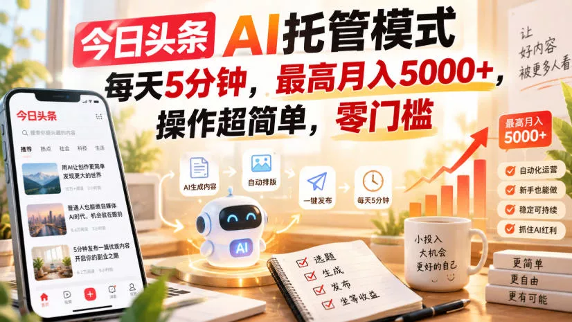 今日头条AI托管模式，每天5分钟，最高月入5000+，操作超简单，零门槛【揭秘】-九九网创