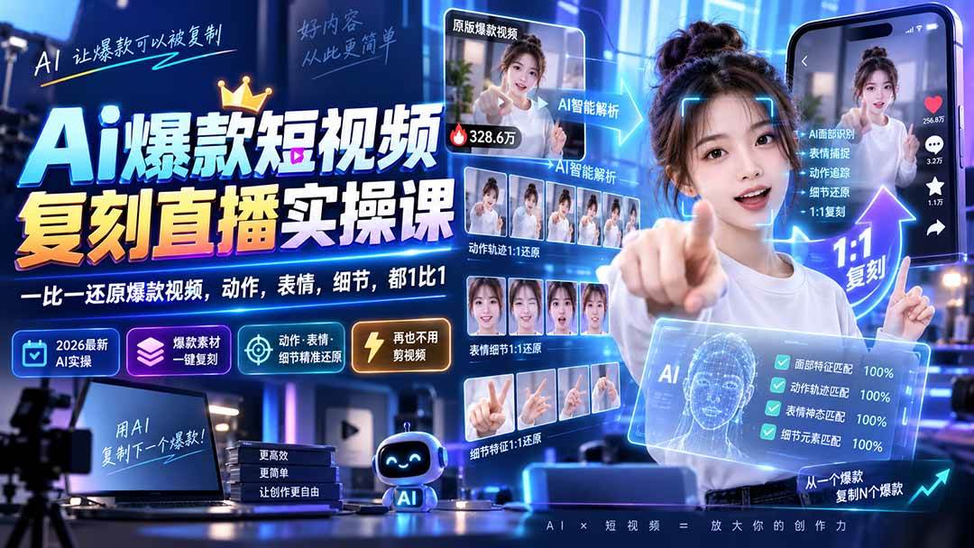 （20304期）最新Ai爆款短视频复刻直播实操课，一比一还原爆款视频，动作，表情，细节，都1比1-九九网创