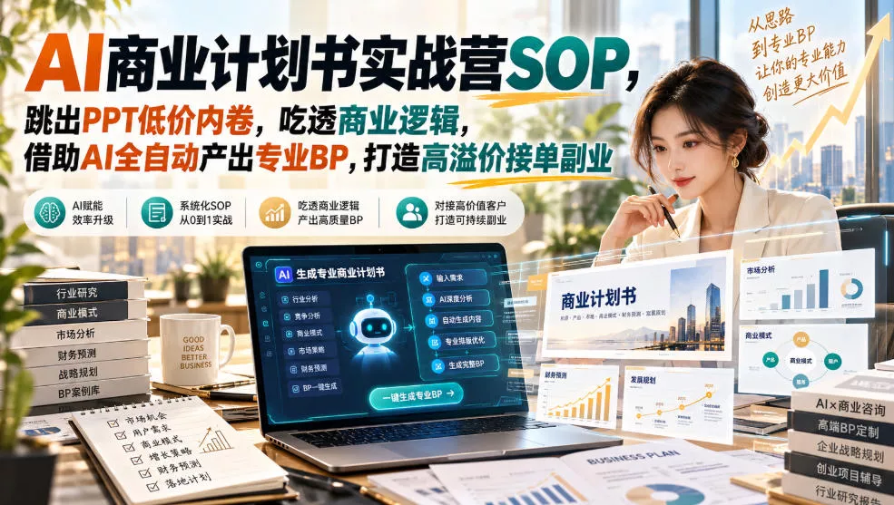 AI商业计划书实战营SOP，跳出PPT低价内卷，吃透商业逻辑，借助AI全自动产出专业BP，打造高溢价接单副业-九九网创