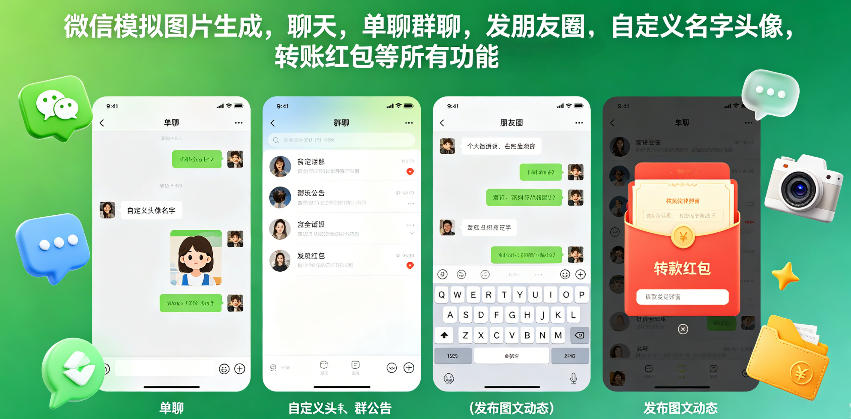 微信模拟图片生成，聊天，单聊群聊，发朋友圈，自定义名字头像，转账红包等所有功能都可以生成-九九网创
