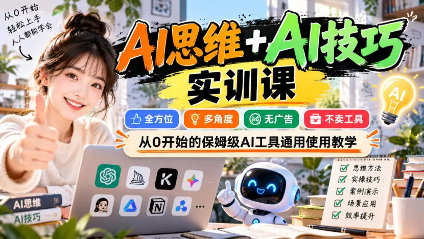 【无水印】AI思维+AI技巧实训课，全方位、多角度、无广告、不卖工具，从0开始的保姆级AI工具通用使用教学-九九网创