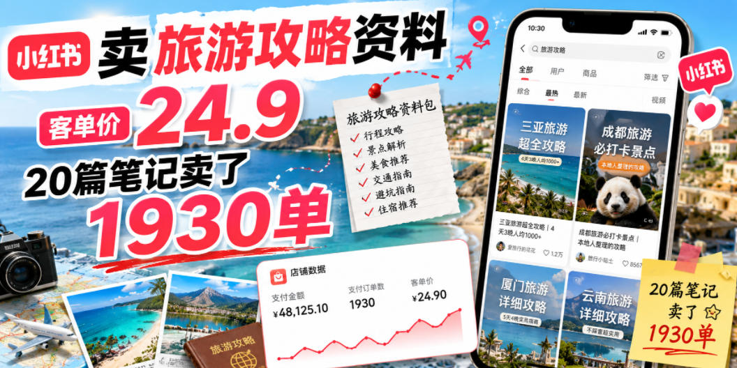 小红书卖旅游攻略资料，客单价24.9，20篇笔记卖了1930单！-九九网创