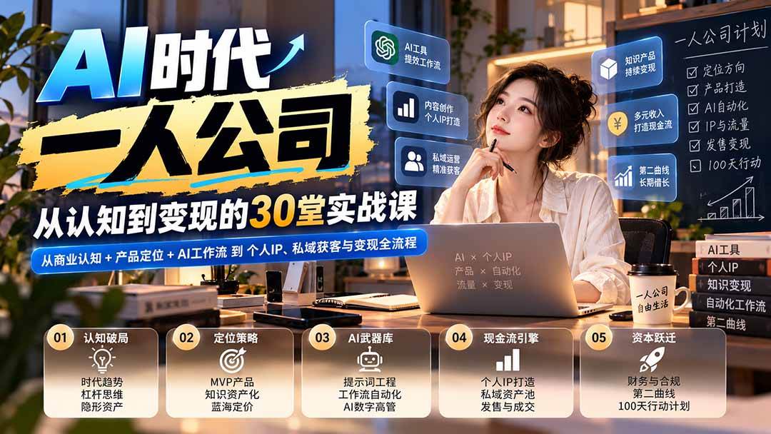 （20847期）【无水印】AI时代一人公司30堂实战课：从商业认知+产品定位+AI工作流到个人IP、私域获客与变现全流程-九九网创