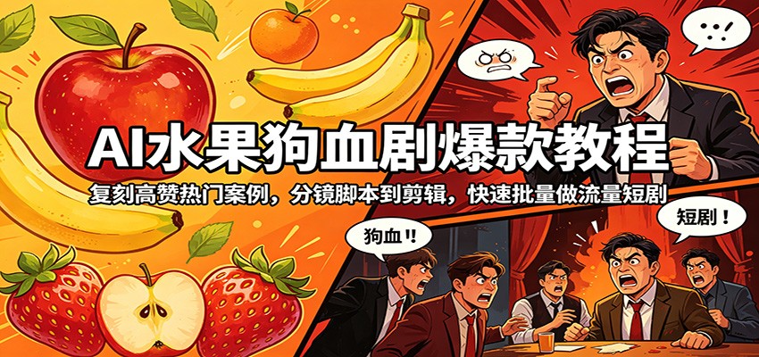 AI水果狗血剧爆款教程：复刻高赞热门案例，分镜脚本到剪辑，快速批量做流量短剧-九九网创