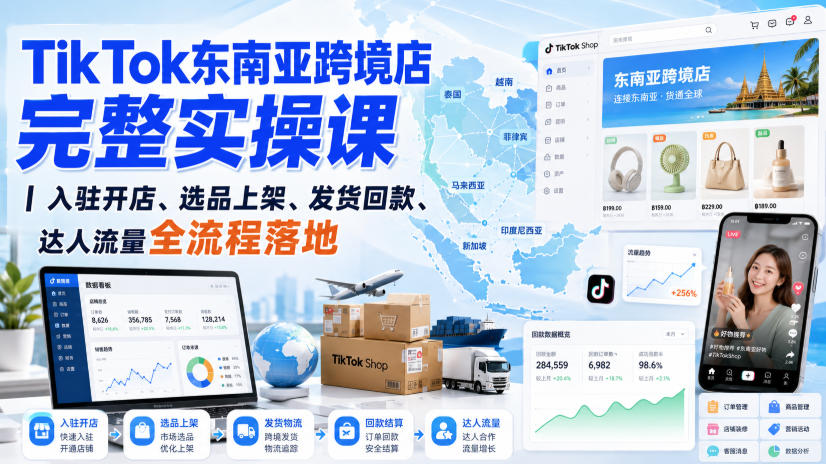 TikTok东南亚跨境店完整实操课｜入驻开店、选品上架、发货回款、达人流量全流程落地-九九网创