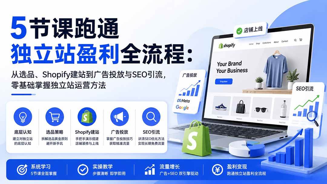 （20316期）5节课跑通独立站盈利全流程：从选品、Shopify建站到广告投放与SEO引流，零基础掌握独立站运营方法-九九网创