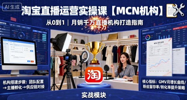 淘宝直播运营实操课【MCN机构】，从0到1做一家月销千W的直播机构-九九网创