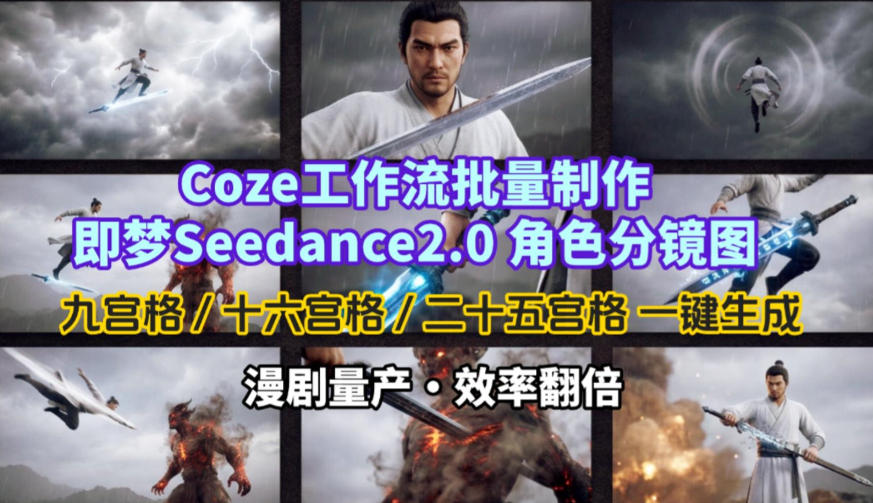 Coze工作流批量制作即梦Seedance2.0角色分镜图，九宫格-十六宫格-二十五宫格一键生成，漫剧量产，效率翻倍-九九网创