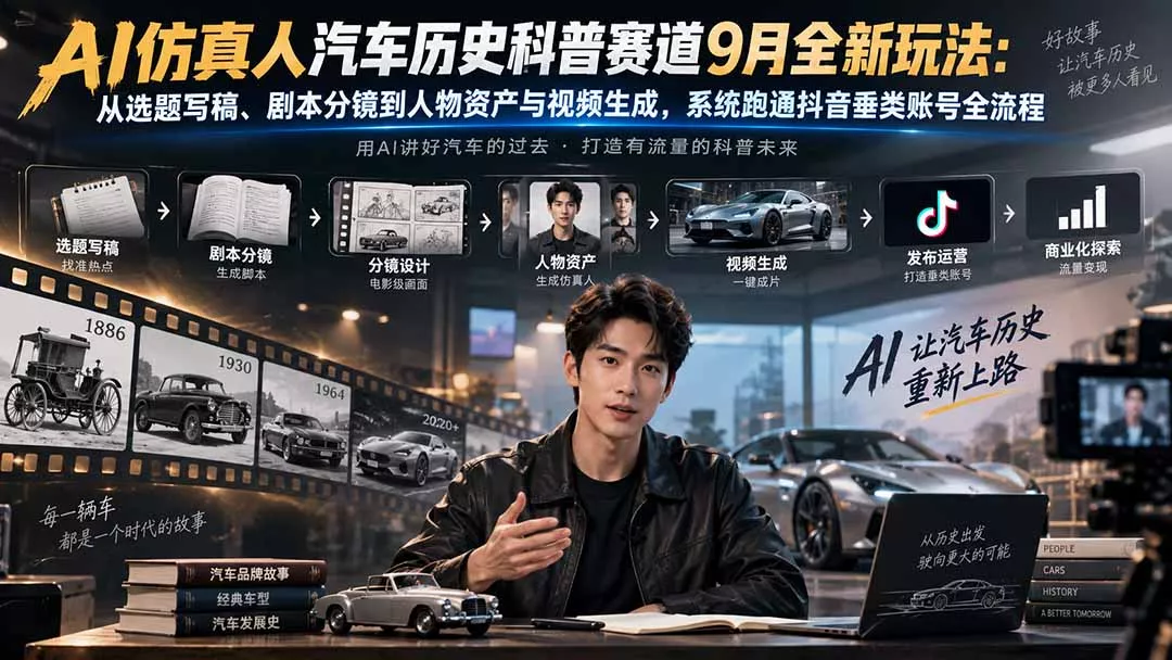 AI仿真人汽车历史科普赛道9月全新玩法：从选题写稿、剧本分镜到人物资产与视频生成，系统跑通抖音垂类账号全流程-九九网创