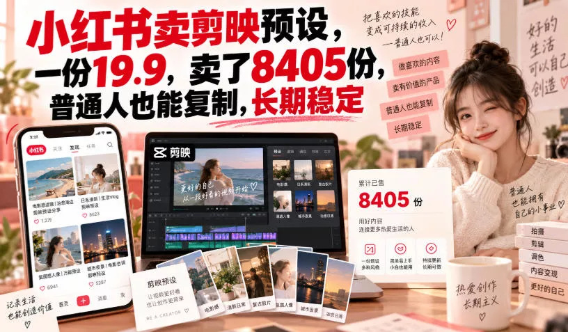 小红书卖剪映预设，一份19.9，卖了8405份，普通人也能复制，长期稳定-九九网创