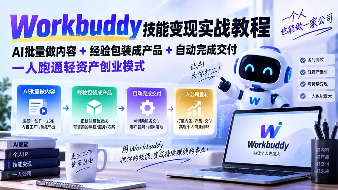 Workbuddy技能变现实战教程：AI批量做内容+经验包装成产品+自动完成交付，一人跑通轻资产创业模式-九九网创