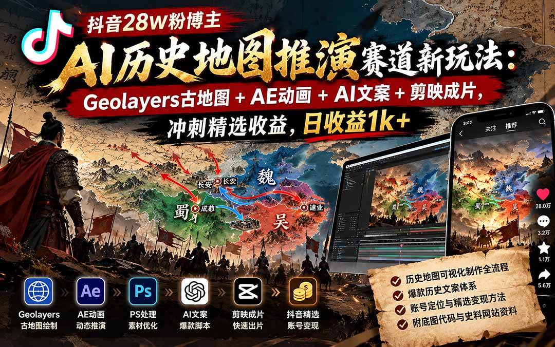(20809期)抖音28W粉博主AI历史地图推演赛道新玩法:Geolayers古地图+AE动画+AI文案+剪映成片,冲刺精选收益,日收益1k+-九九网创