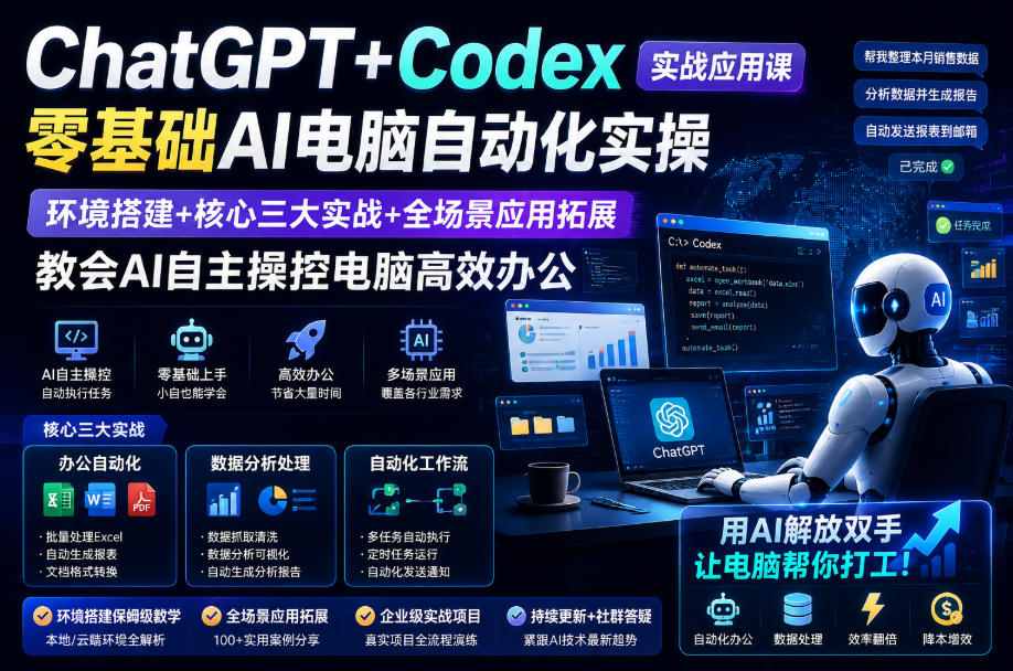 ChatGPT+Codex实战应用课｜零基础AI电脑自动化实操，环境搭建+核心三大实战+全场景应用拓展，教会AI自主操控电脑高效办公-九九网创