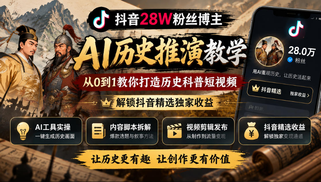 抖音28W粉丝博主的AI历史推演教学,从0到1教你打造历史科普短视频,解锁抖音精选独家收益-九九网创