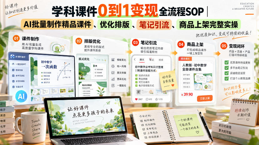 学科课件0到1变现全流程SOP｜AI批量制作精品课件、优化排版、笔记引流、商品上架完整实操-九九网创