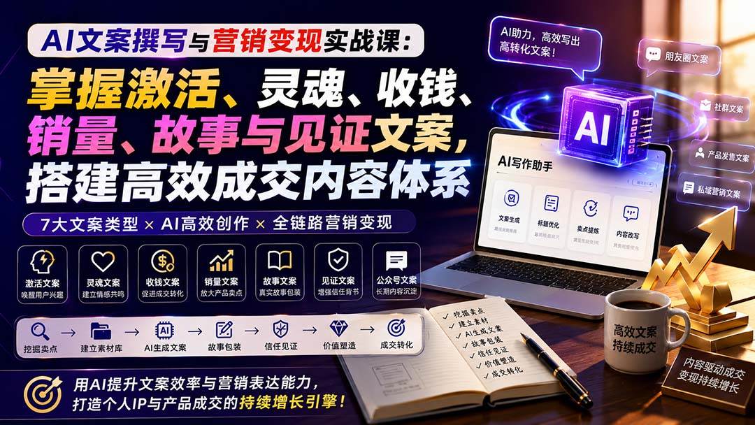 （20126期）AI文案撰写与营销变现实战课：掌握激活、灵魂、收钱、销量、故事与见证文案，搭建高效成交内容体系-九九网创