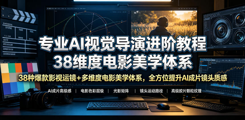 专业AI视觉导演进阶教程，38种爆款影视运镜+多维度电影美学体系，全方位提升AI成片高级感与镜头质感-九九网创
