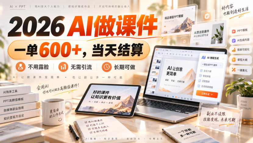 2026 AI做课件，一单600+，当天结算，不用露脸，无需引流，长期可做【揭秘】-九九网创