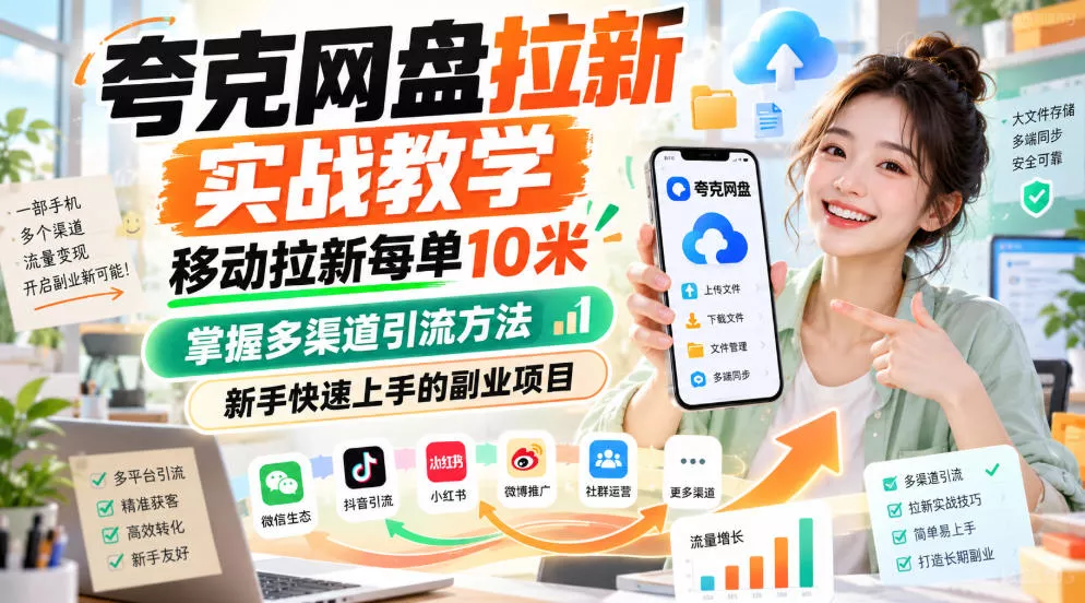 夸克网盘拉新实战教学,移动拉新每单10米,掌握多渠道引流方法,新手快速上手的副业项目(更新0929)-九九网创