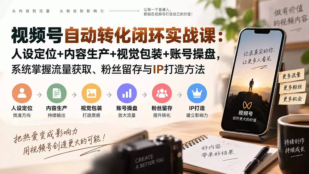 视频号自动转化闭环实战课：人设定位+内容生产+视觉包装+账号操盘，系统掌握流量获取、粉丝留存与IP打造方法-九九网创