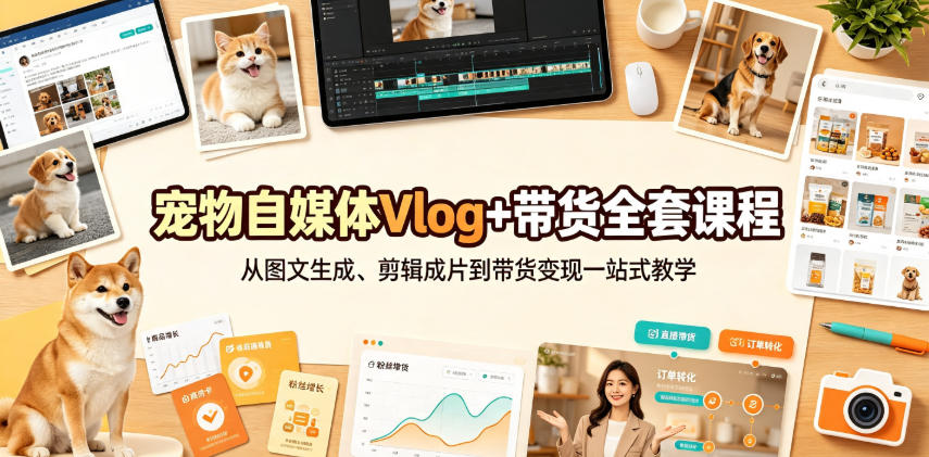 宠物自媒体Vlog+带货全套课程｜从图文生成、剪辑成片到带货变现一站式教学-九九网创