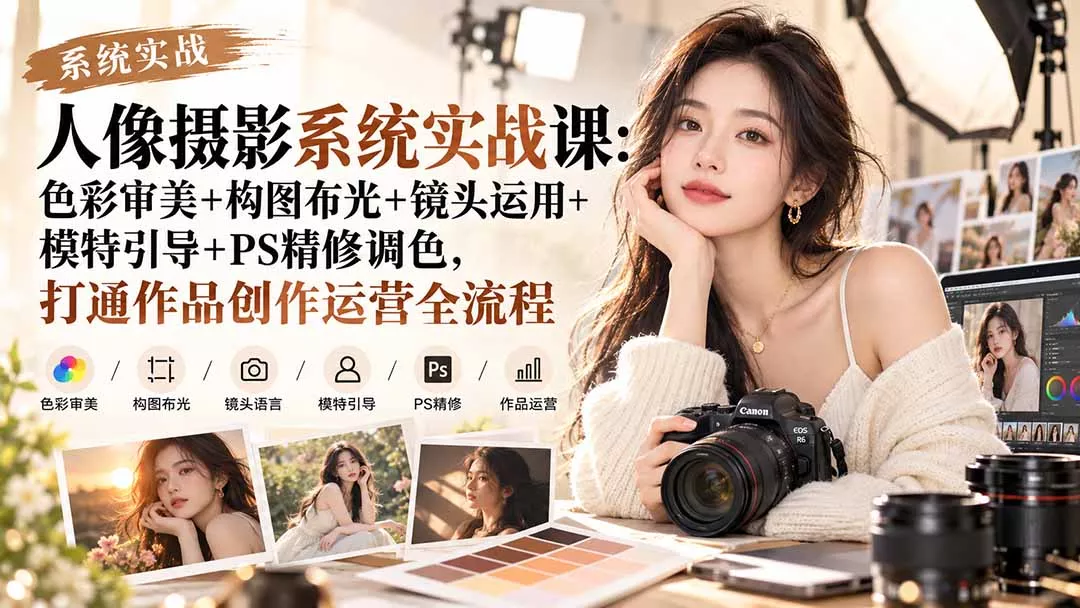 【无水印】人像摄影系统实战课：色彩审美+构图布光+镜头运用+模特引导+PS精修调色，打通作品创作运营全流程-九九网创