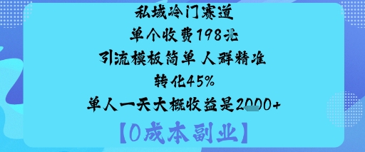 私域冷门赛道:单个收费198米引流模板简单人群精准转化45%单人一天大概收益是1k+-九九网创