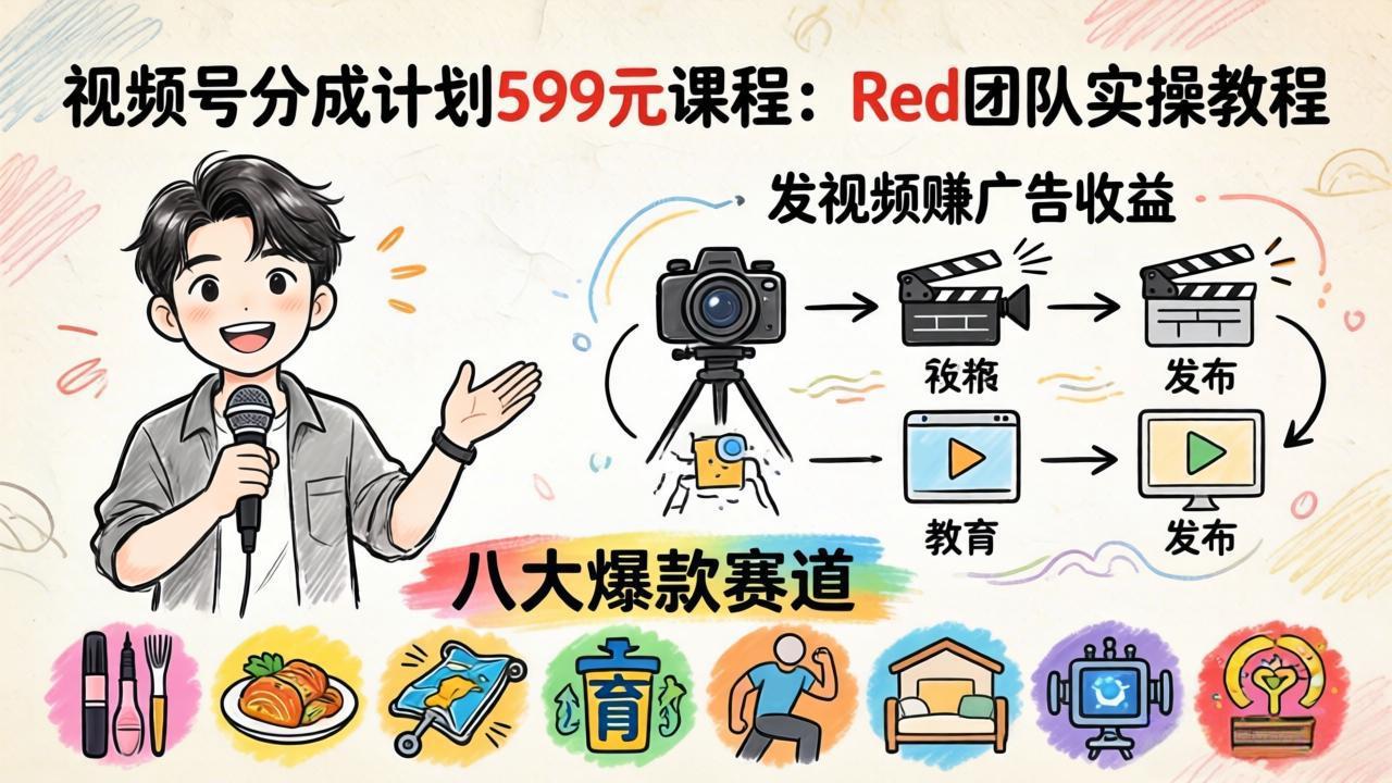 视频号分成计划599元课程：Red团队实操教程，发视频赚广告收益，八大爆款赛道全掌握-九九网创