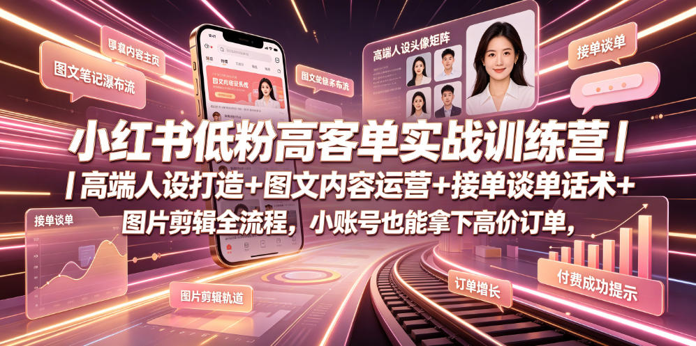 小红书低粉高客单实战训练营｜高端人设打造+图文内容运营+接单谈单话术+图片剪辑全流程，小账号也能拿下高价订单-九九网创
