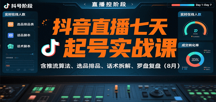 抖音直播七天起号实战课：含推流算法、选品排品、话术拆解、罗盘复盘（8月）-九九网创