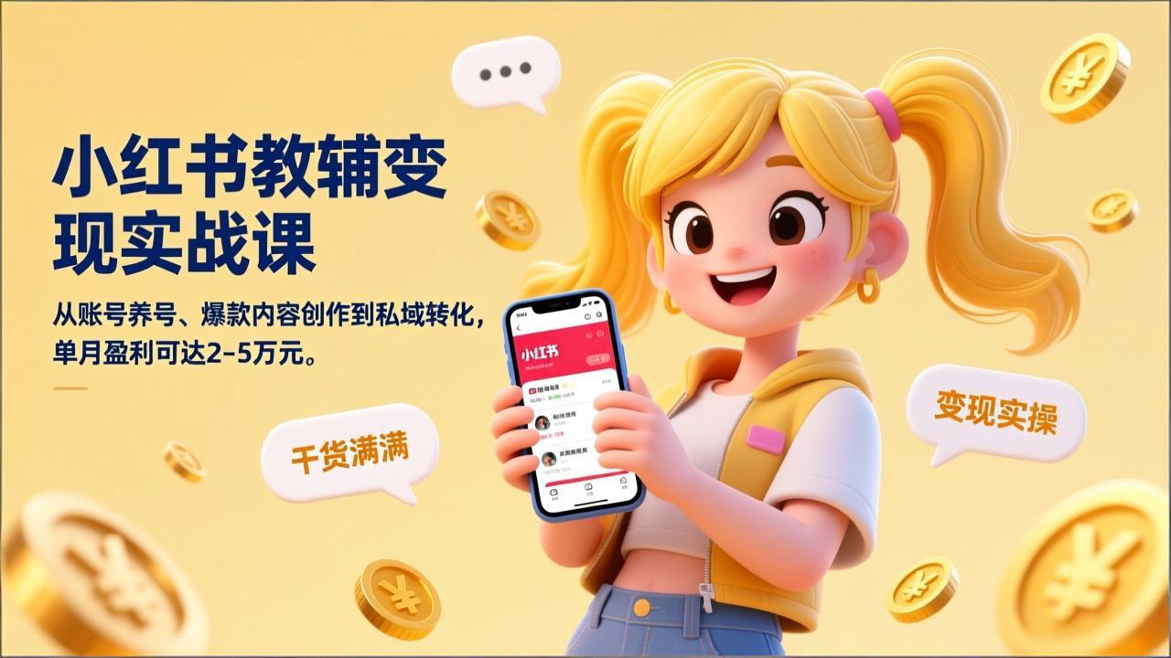 小红书教辅变现实战课，从账号养号、爆款内容创作到私域转化，单月盈利可达2-5万元-九九网创