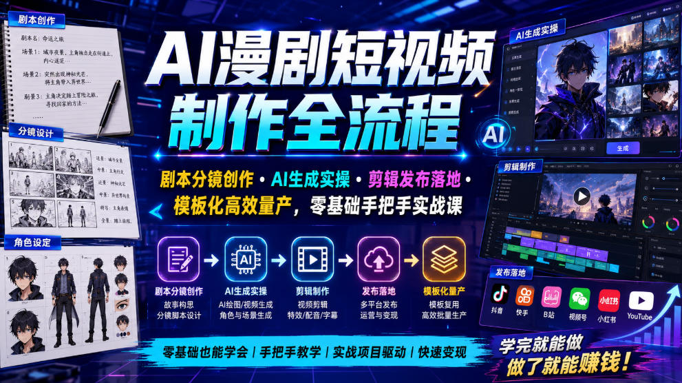 AI漫剧短视频制作全流程｜剧本分镜创作・AI生成实操・剪辑发布落地・模板化高效量产，零基础手把手实战课-九九网创