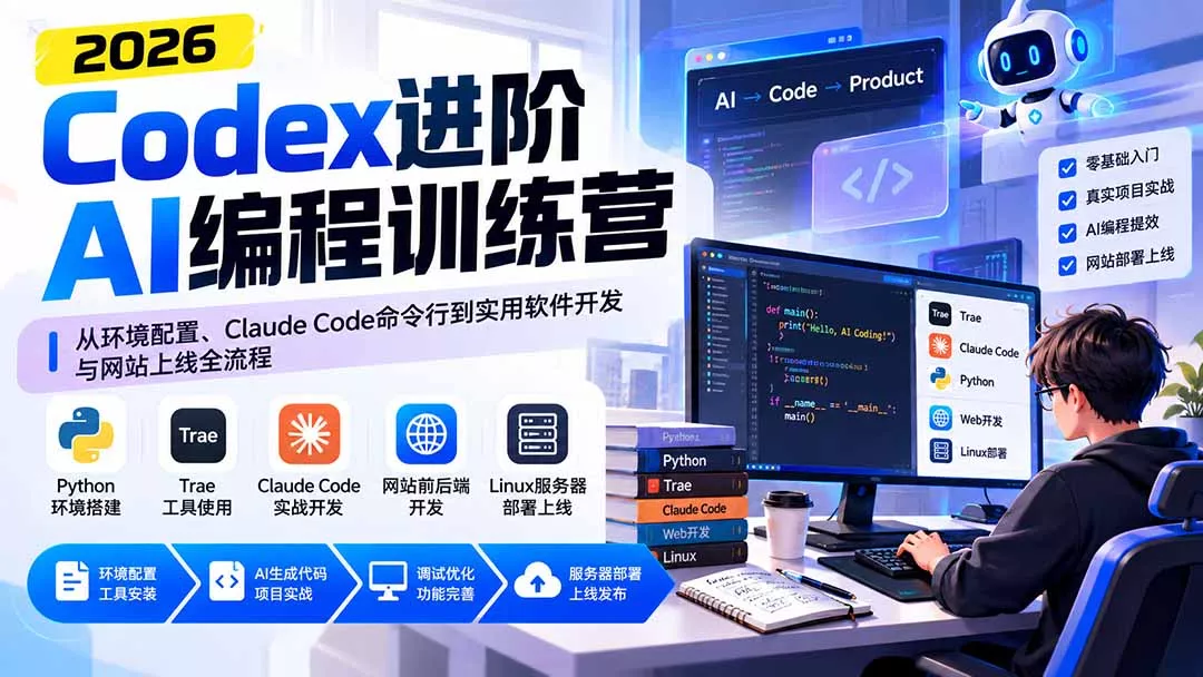 Codex进阶AI编程训练营：从环境配置、Claude Code命令行到实用软件开发与网站上线全流程