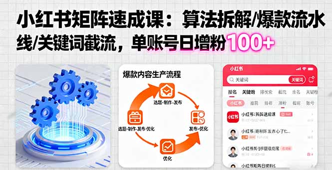小红书矩阵起号速成课：算法拆解/爆款流水线/关键词截流 单账号日增粉100+-九九网创