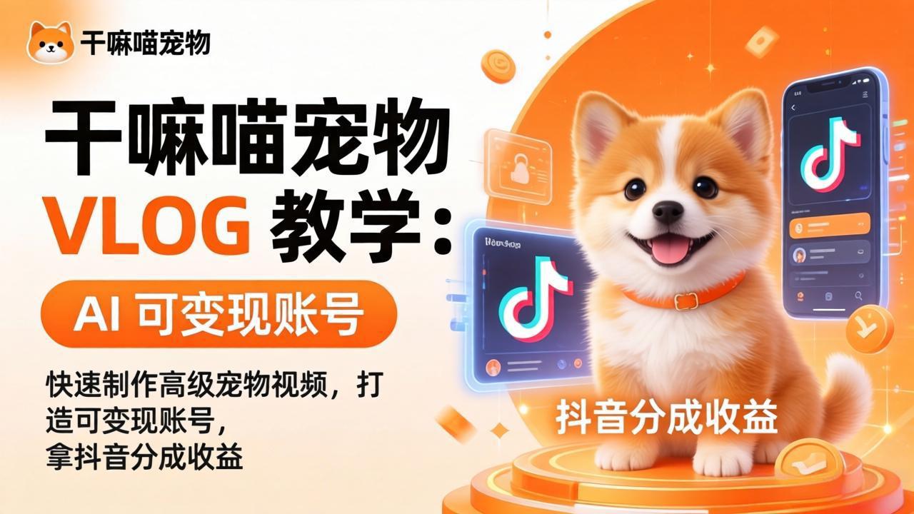 干嘛喵宠物 VLOG 教学：AI 快速制作高级宠物视频，打造可变现账号，拿抖音分成收益-九九网创
