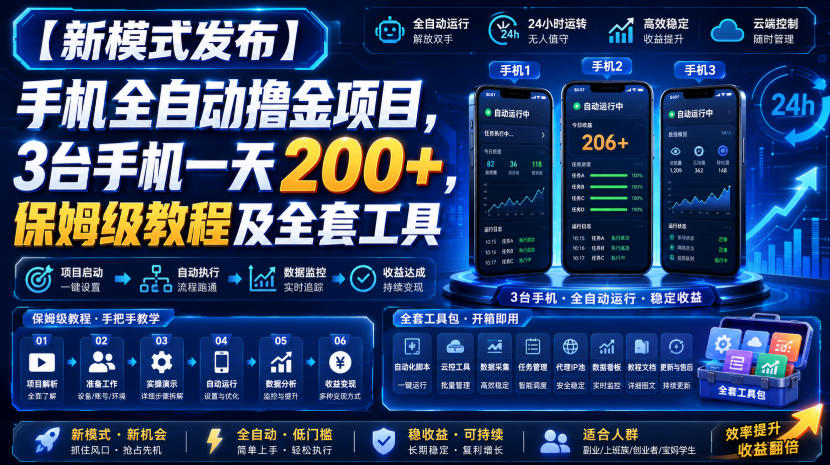 【新模式发布】手机全自动撸金项目，3台手机一天200+，保姆级教程及全套工具【揭秘】-九九网创