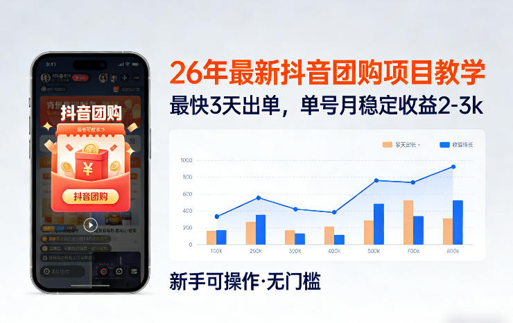 26年最新抖音团购项目教学，0门槛，最快3天出单，单号月稳定收益2-3k(更新3月19日)