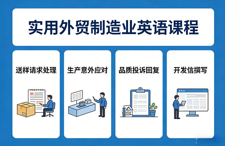 实用外贸制造业英语课程，教你专业处理送样请求、应对生产意外、回复品质投诉、撰写开发信等-九九网创