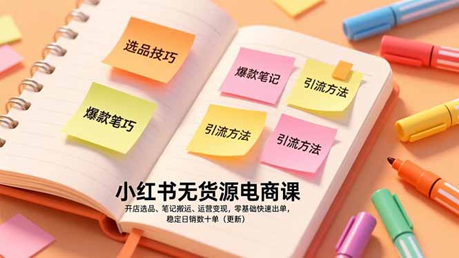 小红书无货源电商课，开店选品、笔记搬运、运营变现，零基础快速出单，稳定日销数十单(更新-九九网创