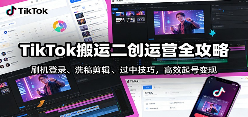 TikTok搬运二创运营全攻略：刷机登录、洗稿剪辑 、过中技巧，高效起号变现-九九网创