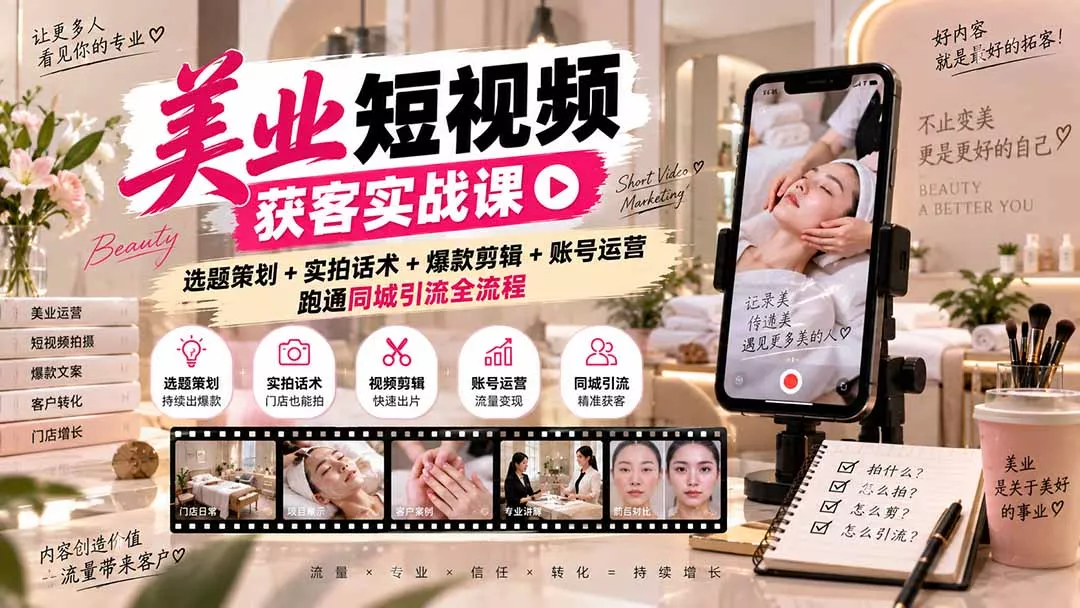 美业短视频获客实战课-无水印：选题策划+实拍话术+爆款剪辑+账号运营，跑通同城引流全流程-九九网创