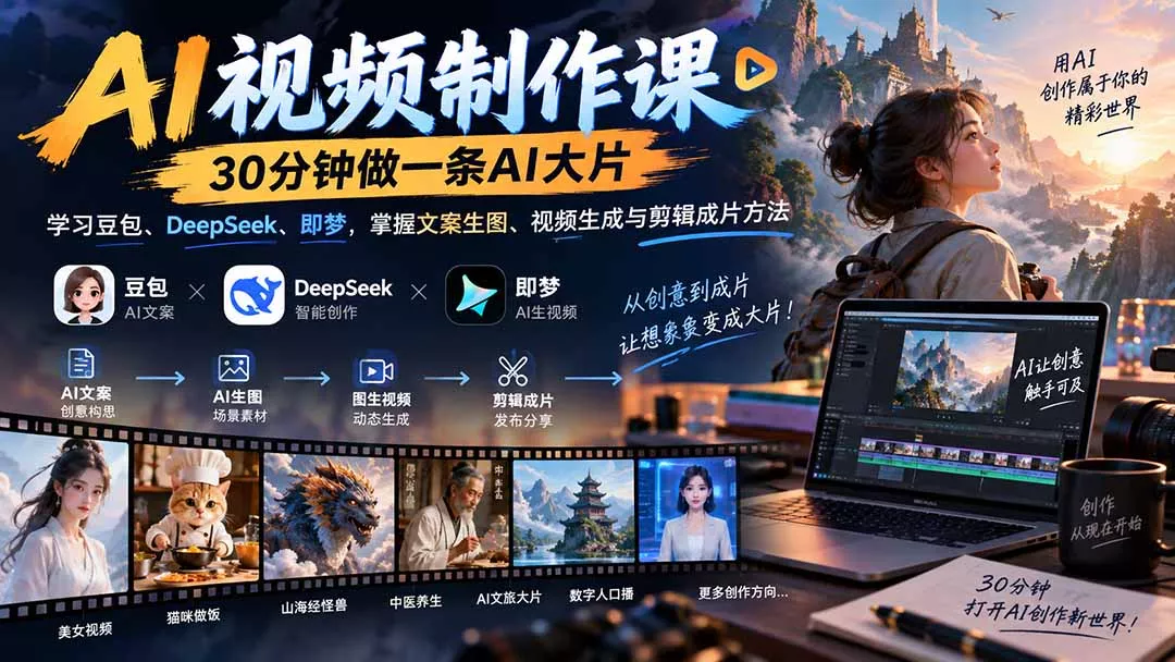 AI视频制作课-30分钟做一条AI大片：学习豆包、DeepSeek、即梦，掌握文案生图、视频生成与剪辑成片方法-九九网创