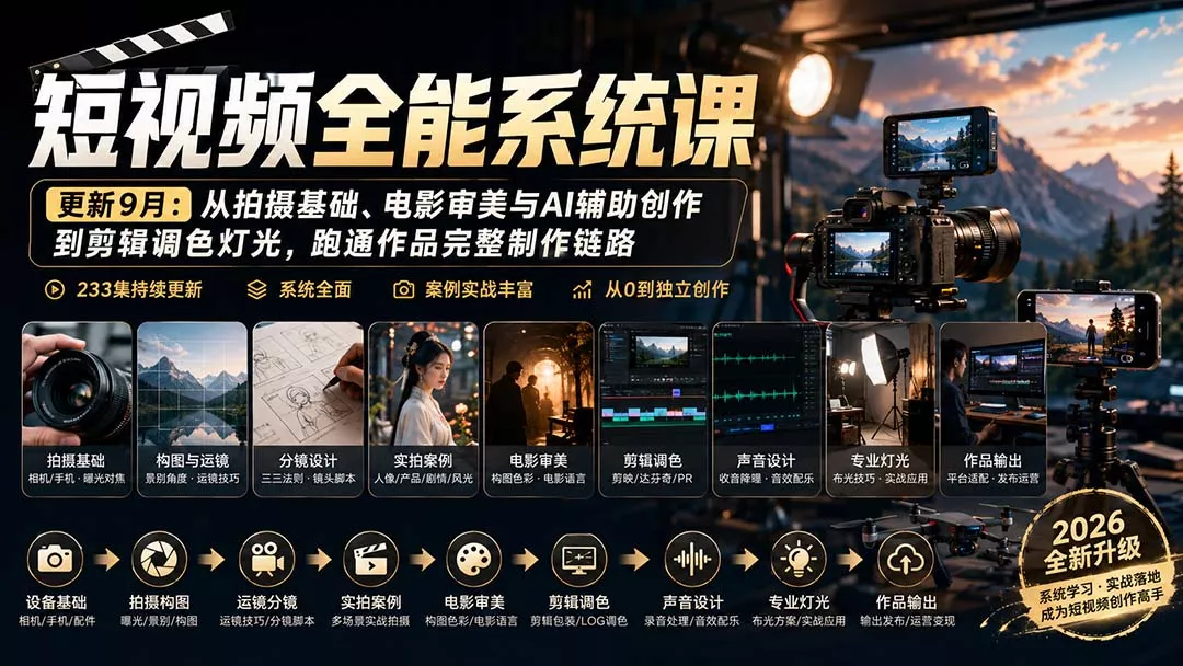 短视频全能系统课-9月完整版:从拍摄基础、电影审美与AI辅助创作到剪辑调色灯光,跑通作品完整制作链路-九九网创